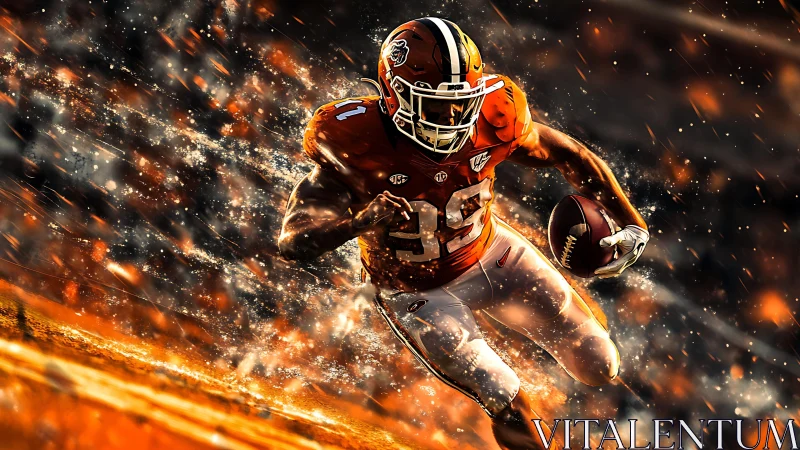Gridiron running back bursts through fiery digital motion field.