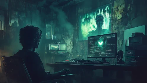 Hacker in dark room facing eerie digital ghost screen.