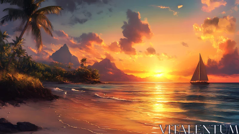 Sunset sail beside quiet palms and glowing island peaks.