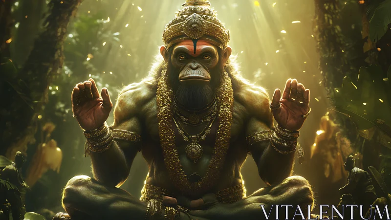 Mythic simian deity meditating in jungle with golden backlight
