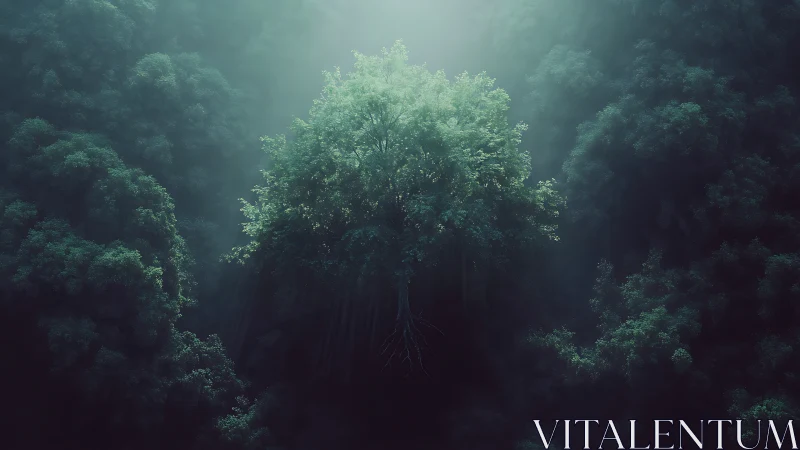 Suspended forest tree glows softly in misty teal light
