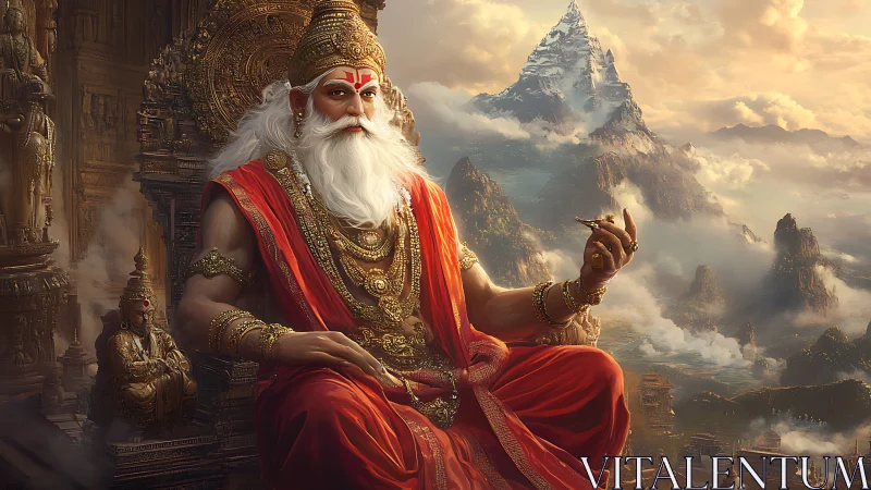 Regal sage in crimson robes contemplates mountains and clouds