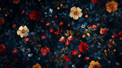 Botanical composition with layered florals against dark background.