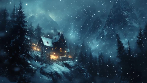 Snowy mountain cabin glows with warm winter lights at night.