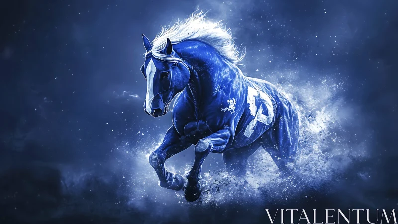 High-contrast blue stallion rendered with dynamic particle splash effects