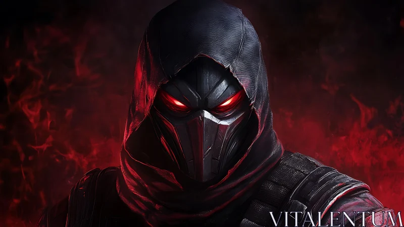 Hooded armored figure with red eyes stands before red flames