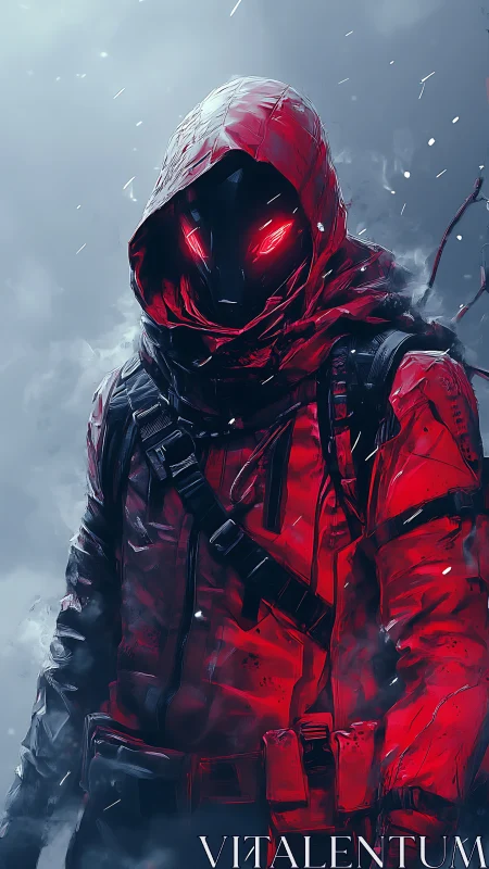 Hooded red‑clad figure with glowing eyes in icy mist.