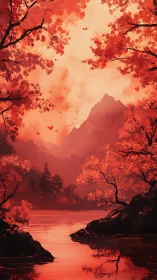 Crimson mountain lake framed by dense autumn forest glow