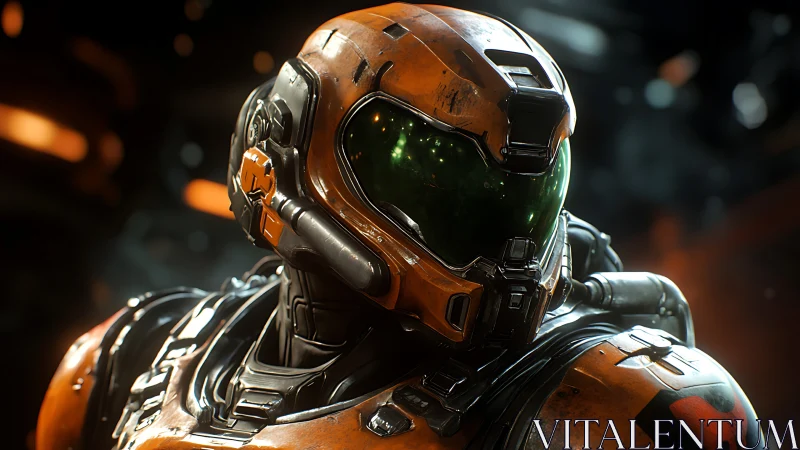 Parametric orange exosuit helmet with reflective visor array.