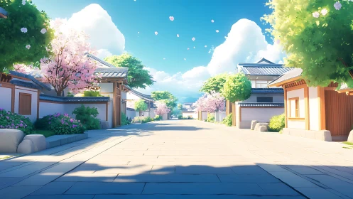 Sunlit sakura-lined Japanese street in stylized rendering.