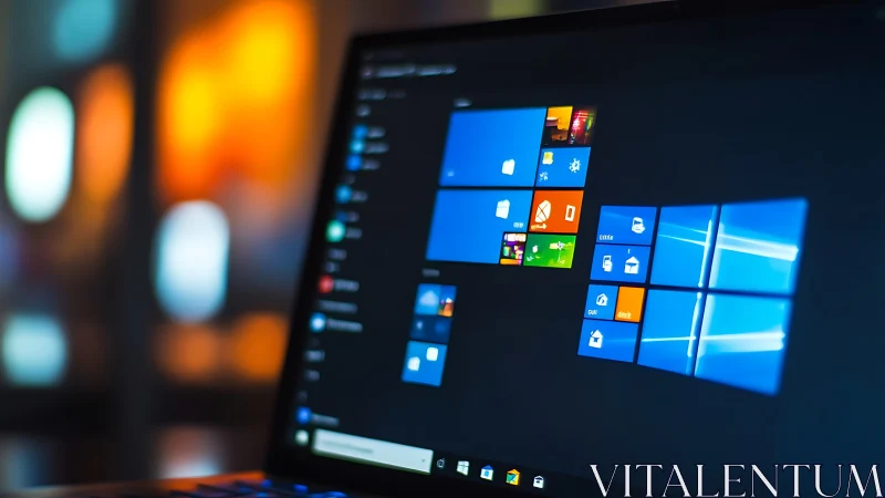 Laptop screen shows colorful Windows start menu interface.