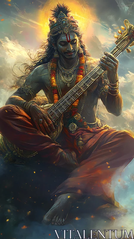 Divine musician with veena in luminous celestial cloudscape