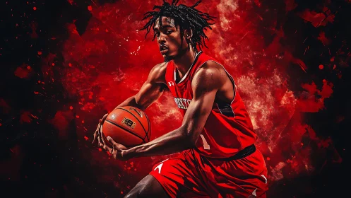Explosive digital portrait of intense basketball player in red.