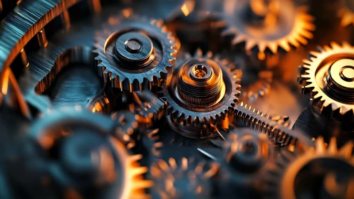 Macro close-up of interlocking metal gears with warm highlights.