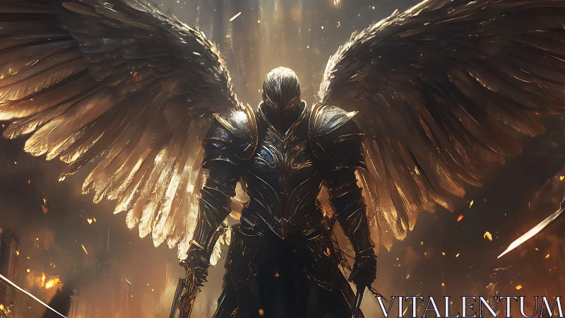 Winged armored figure stands in backlit, ember-filled ruins