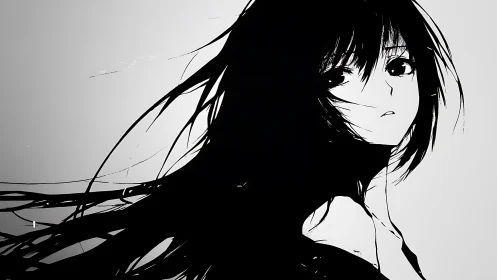 Monochrome anime portrait with windswept hair and stark contrast