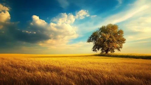 Isolated field oak under late afternoon stratocumulus sky