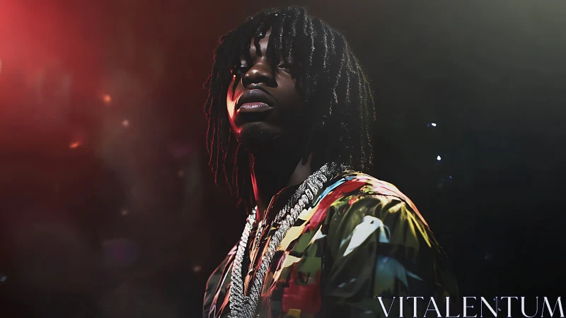 Photorealistic hip-hop portrait with dramatic stage backlighting.