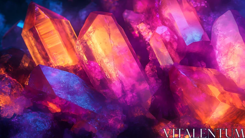 Luminescent crystal cluster under vivid neon light glow.