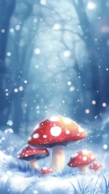 Digital painting of snowlit toadstools in a misted winter forest.