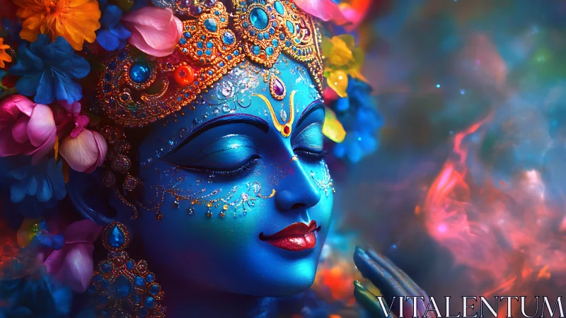 Blue deity portrait with ornate crown and floral elements.