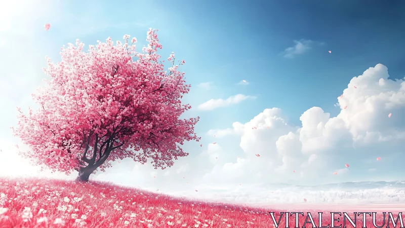 Blossom-draped dreamtree leaning into a cotton sky.