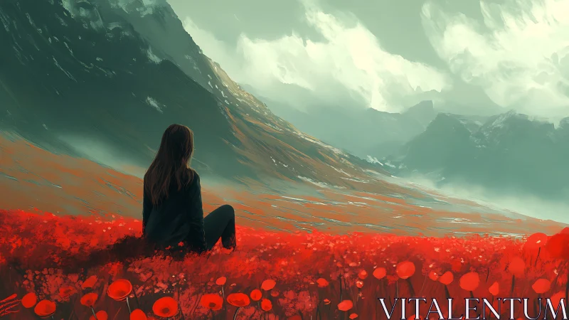 Solitary figure overlooks blazing red valley under clouds.