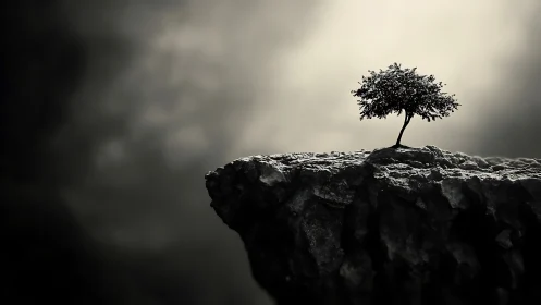 Lone Tree on Cliff Edge in Dramatic Monochrome Landscape.