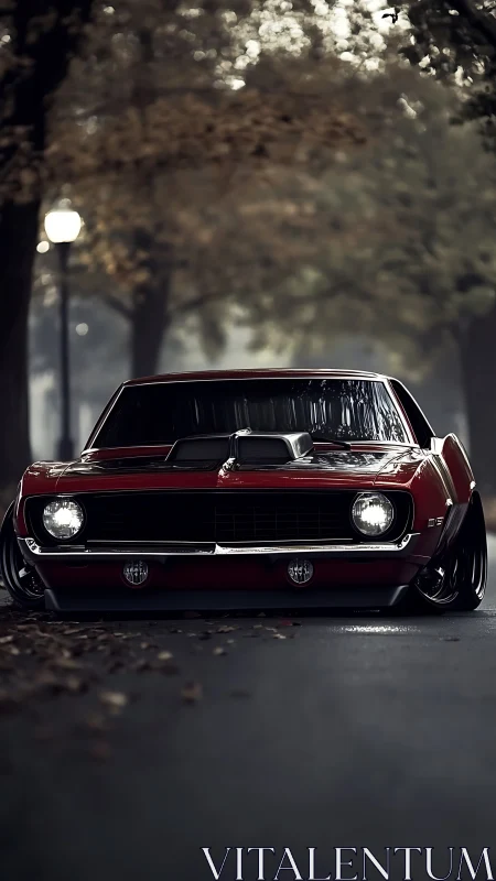 Low-slung pro-touring muscle car under diffuse park lighting.