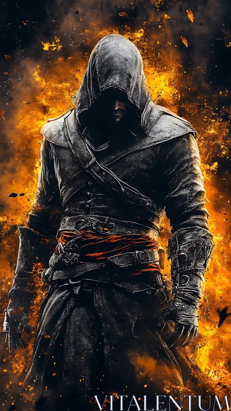 Hooded armored figure standing before dense fiery backdrop.