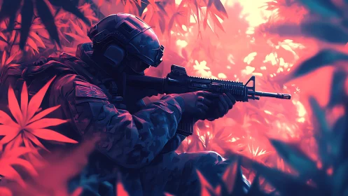 Soldier aims rifle through neon jungle foliage under glow