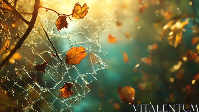 Autumn leaves linger on a jeweled web of morning light