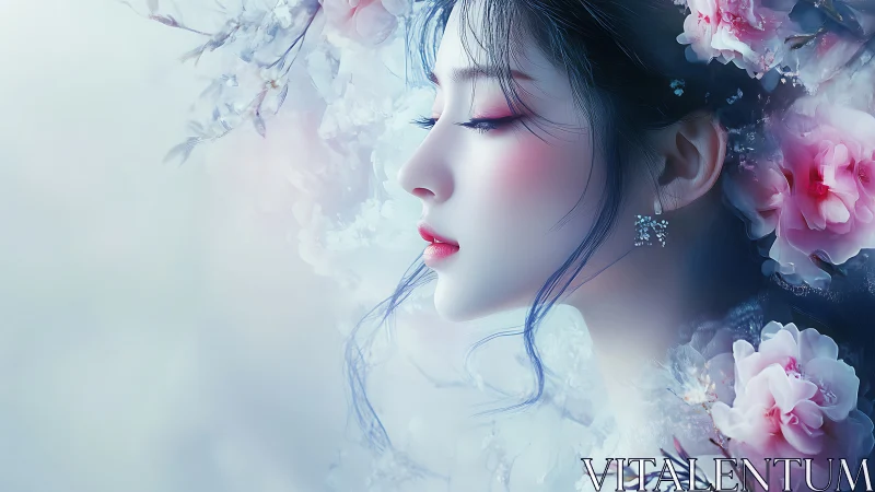 Dreamlike floral portrait of a serene woman in profile.