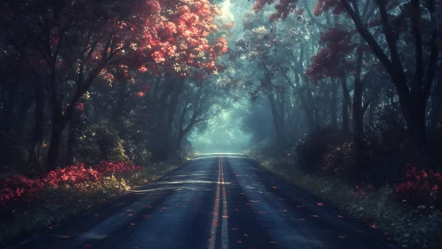 Illuminated forest road with directional perspective receding into atmospheric haze.