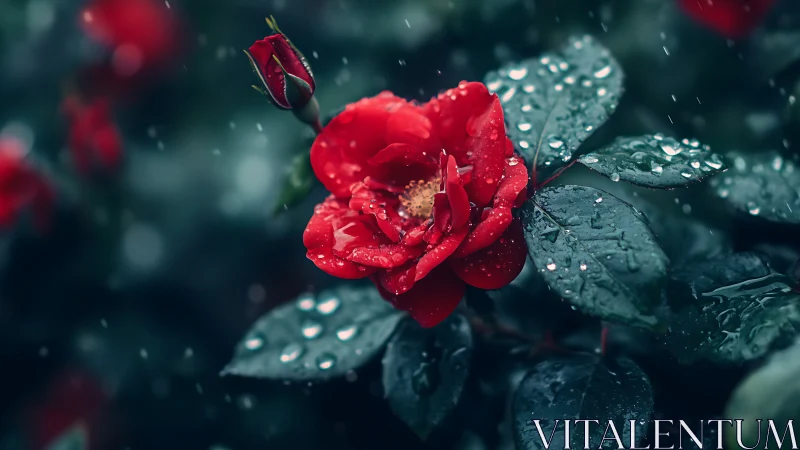 Crimson bloom captured in rainfall with teal foliage backdrop.