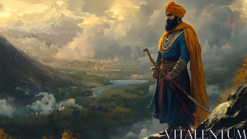 Noble warrior gazing over misty valley and golden peaks.