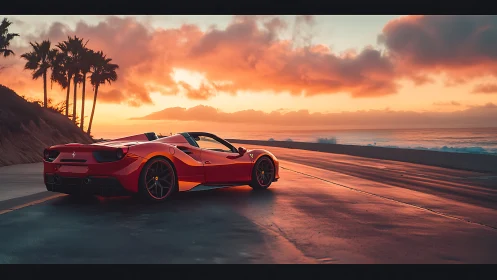 Red sports convertible is parked on a reflective coastal road