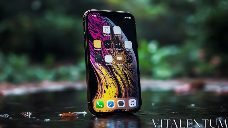 Premium Smartphone Display Against Natural Backdrop with Vibrant Wallpaper.