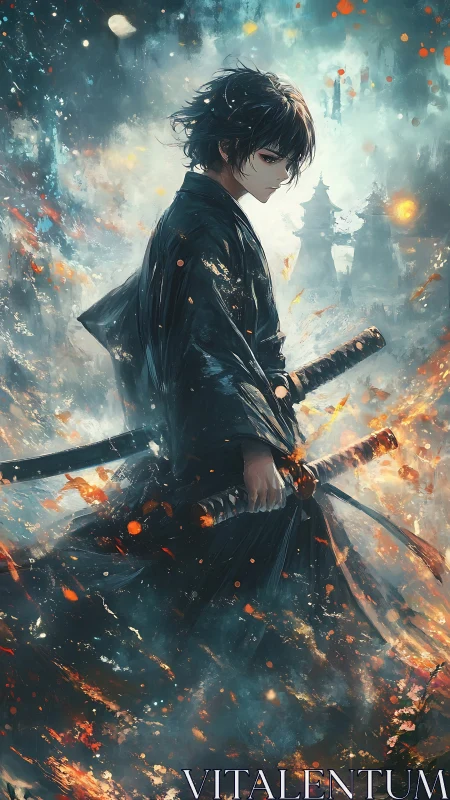 Solitary swordsman stands amid abstract embers and mist