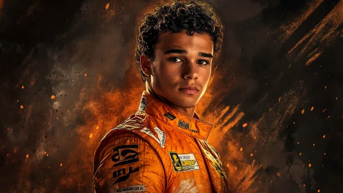 Portrait of racing driver in orange suit on dark backdrop.