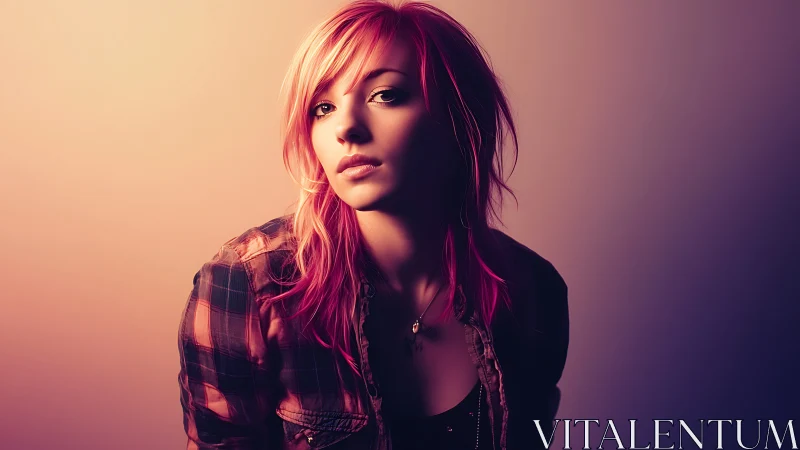 Warm gradient portrait uses split lighting on pink-haired subject