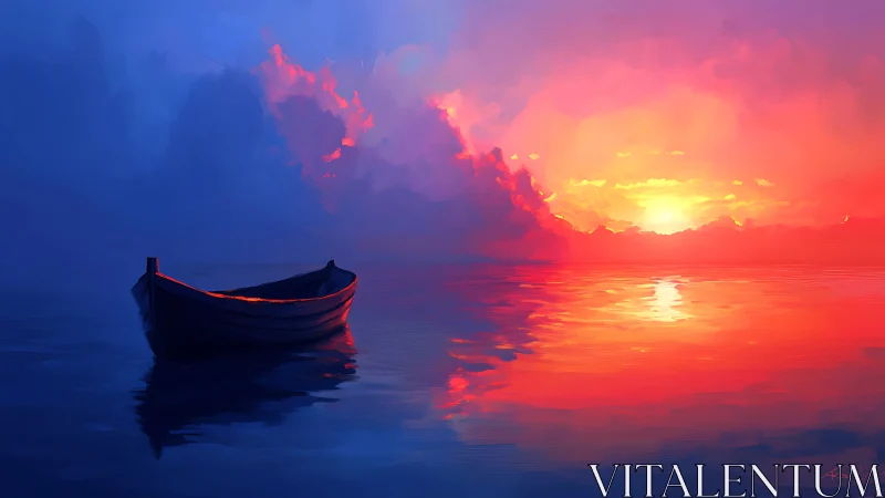 Solitary rowboat on reflective sea at vivid digital sunset