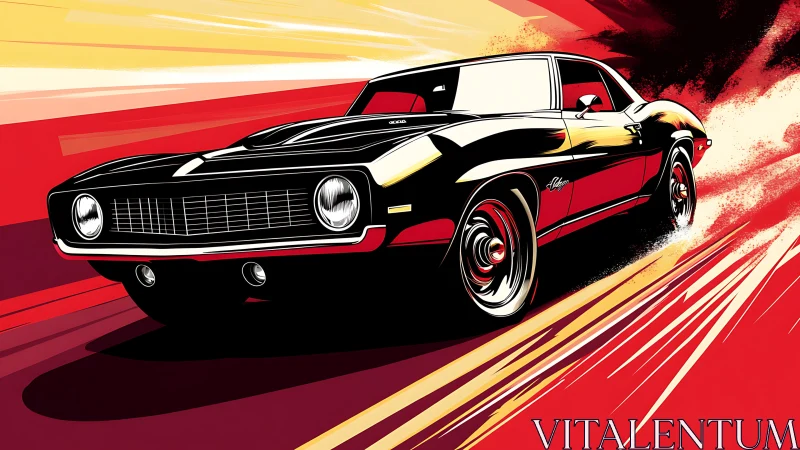Muscle car illustration with dynamic red motion streaks.