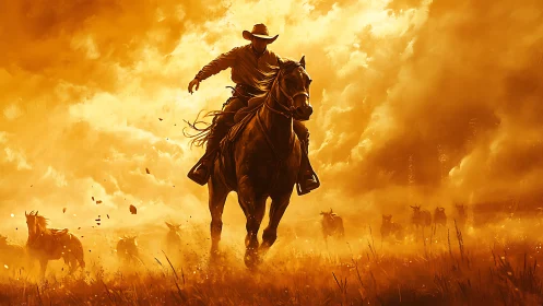 Cowboy on galloping horse cuts through incendiary dust storm