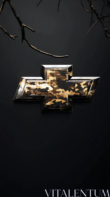 Camo-textured metallic emblem floats on dark minimal backdrop