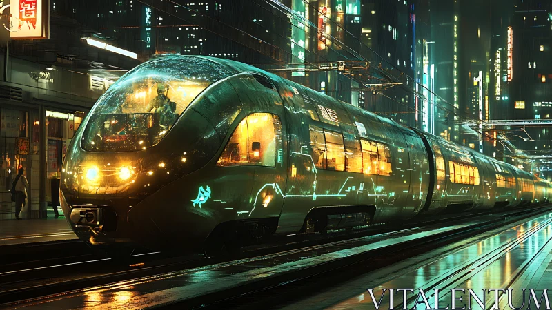 Futuristic neon-lit bullet train in rainy cyberpunk cityscape.