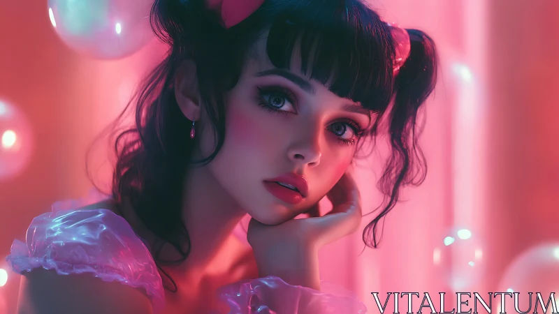 Soft neon portrait glows around a dreamy, curious girl