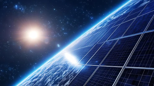 Orbital solar array aligned toward sun over Earth horizon.