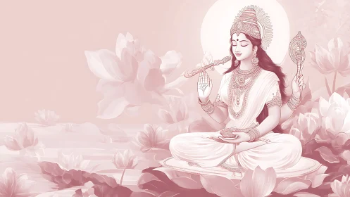 Lotus-lit goddess settles into tranquil musical blessing