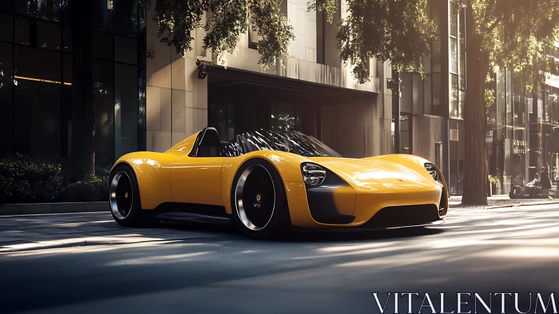 Sunlit yellow roadster lounges low between glass towers
